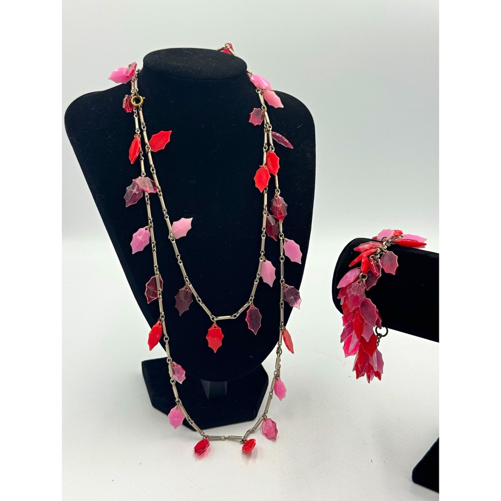 Pink & Red Leaf Charm Jewelry Set Necklace & Bracelet